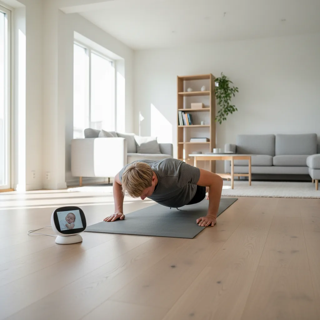 Forelder og barn i et rolig hjemmemiljø - illustrasjon for Hjemmetrening mens babyen sover - effektive økter på 15-30 min