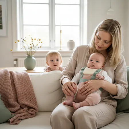 Forelder og barn i et rolig hjemmemiljø - illustrasjon for Hoftedysplasi hos baby