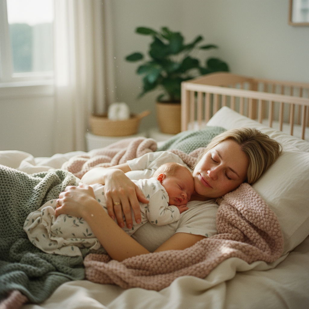 Nybakt mamma som holder babyen sin i et varmt skandinavisk hjem