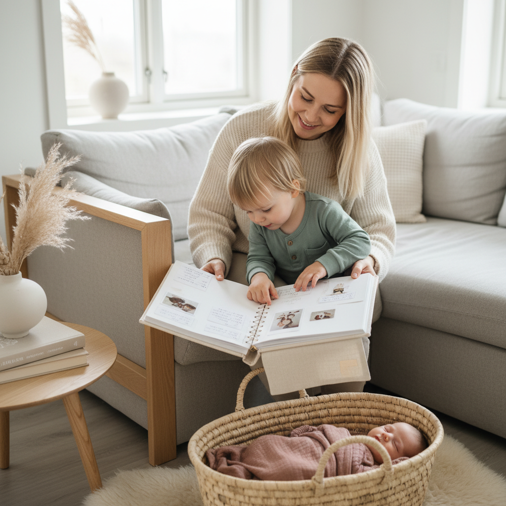 Forelder og barn i et rolig hjemmemiljø - illustrasjon for Hva bør du skrive i babyboken? Komplett guide