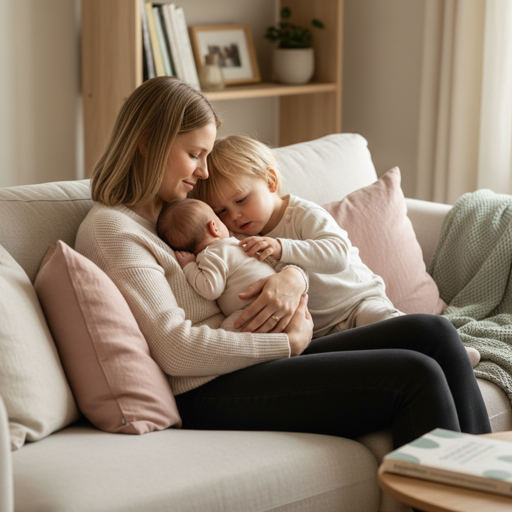 Gravid kvinne som smiler fredelig med hendene på magen i varmt lys
