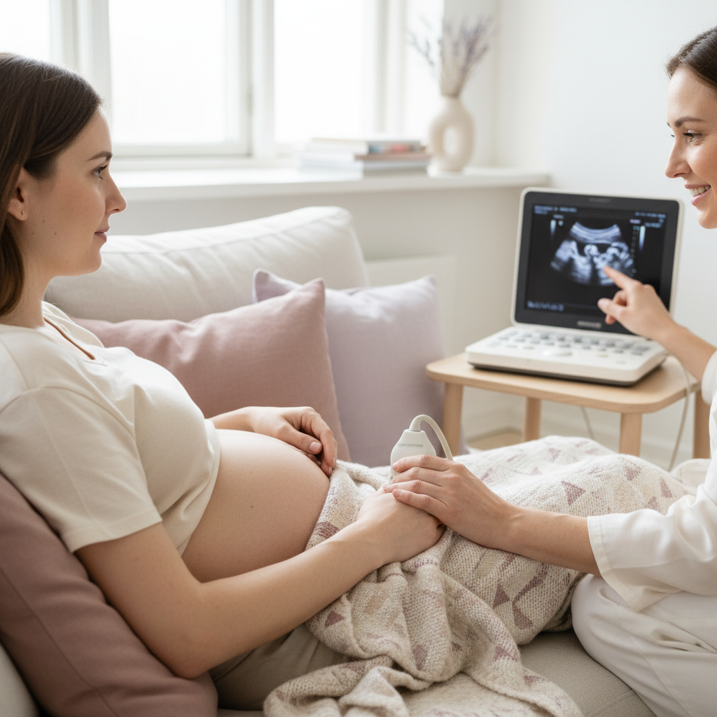 Forelder og barn i et rolig hjemmemiljø - illustrasjon for Intrauterin veksthemming (IUGR) - årsaker og oppfølging
