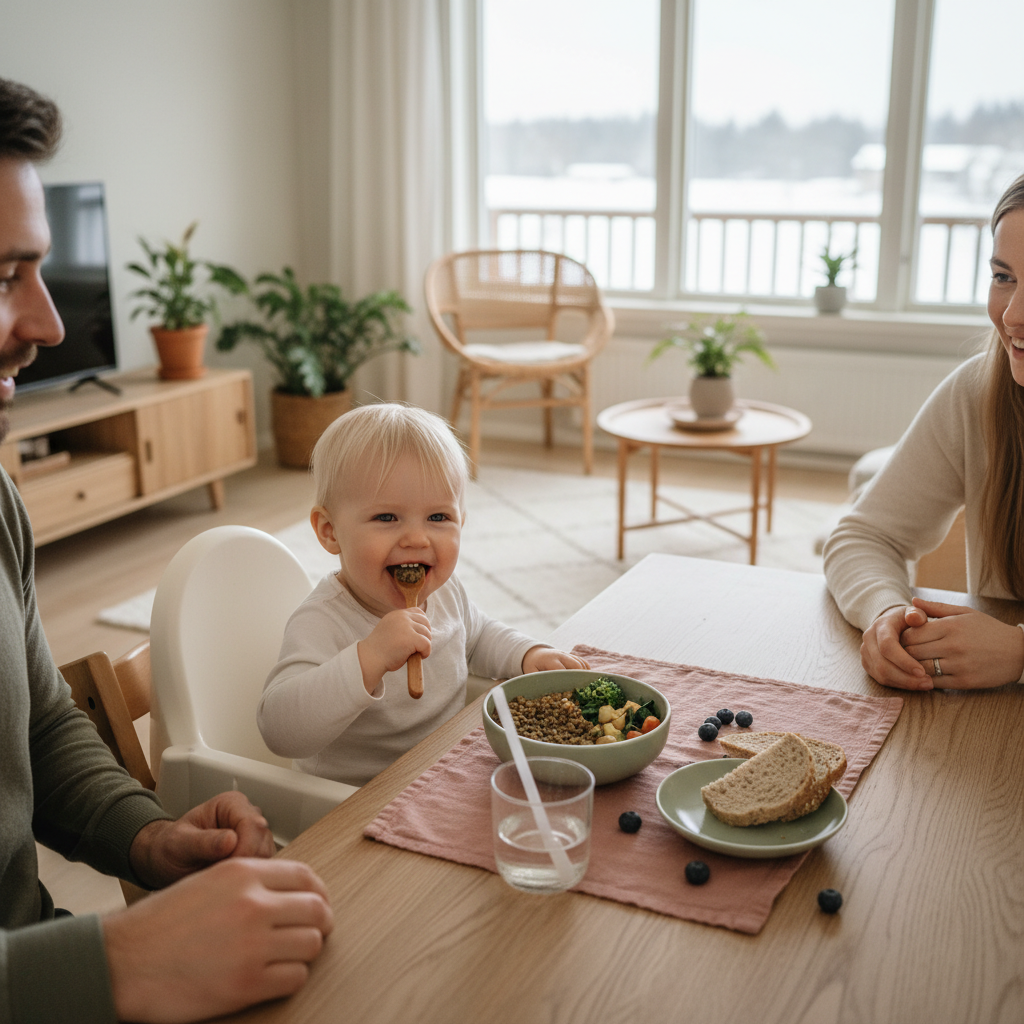 Forelder og barn i et rolig hjemmemiljø - illustrasjon for Jern i kosten for barn 1-3 år - komplett guide
