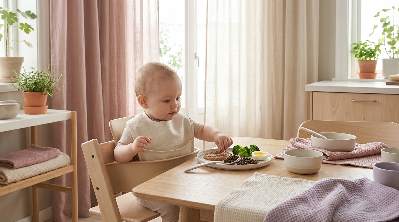 Baby spiser jernrik mat som kjøttpuré og brokkoli i et lyst skandinavisk kjøkken