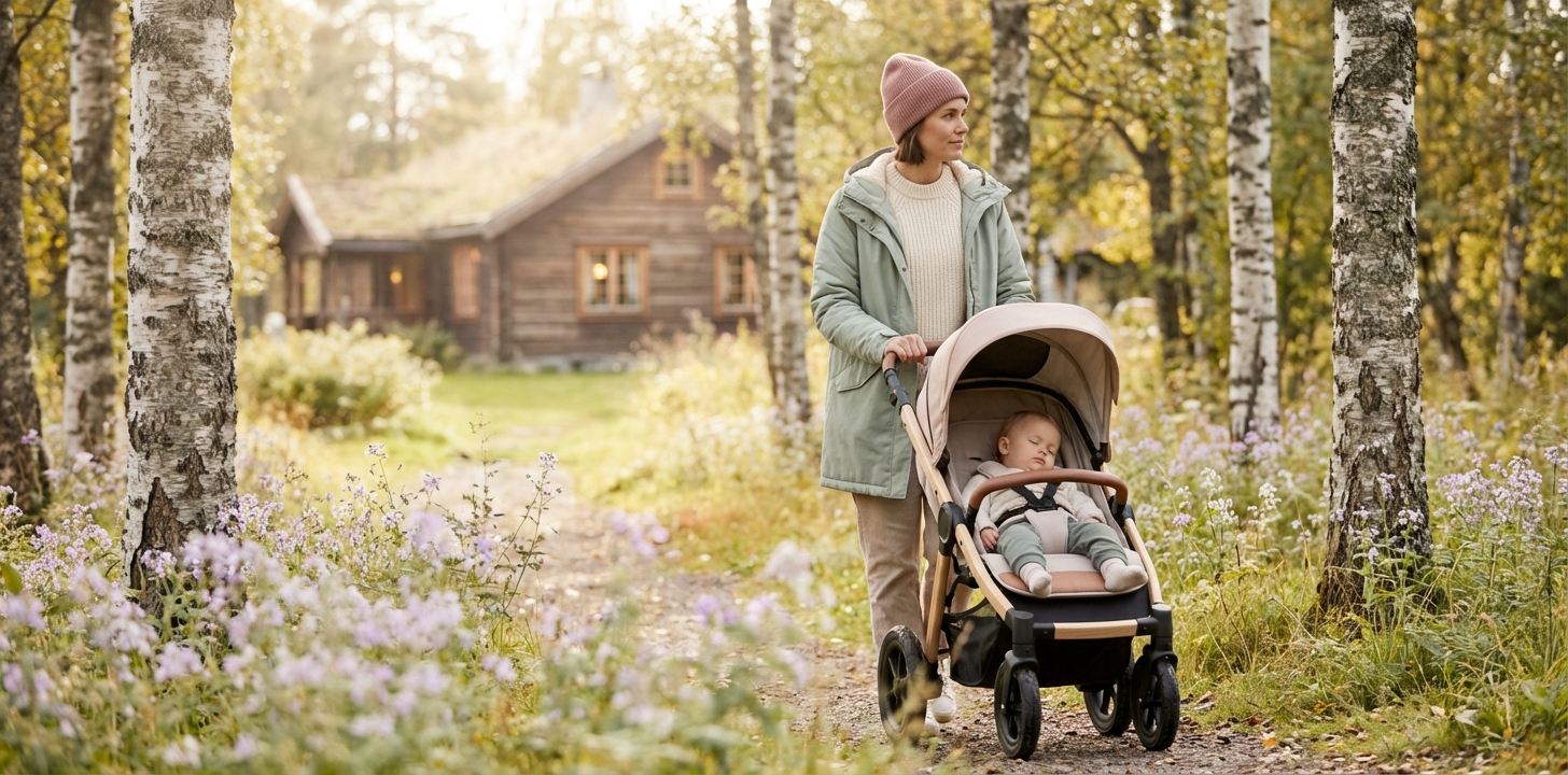 Fornøyd forelder med baby etter en løpetur i naturen