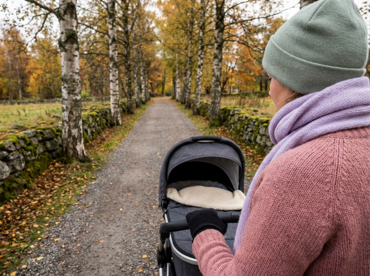 Joggevogn på en grusvei i norsk natur med fjell i bakgrunnen