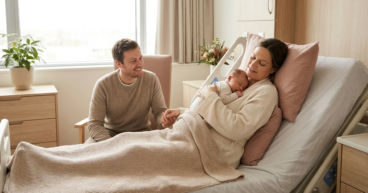 Gravid kvinne som forbereder seg til fødsel i lyst sykehusrom