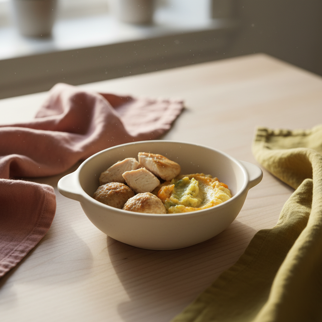 Dampet kylling og mykt kjøtt tilpasset baby servert i en liten skål på et lyst skandinavisk kjøkkenbord