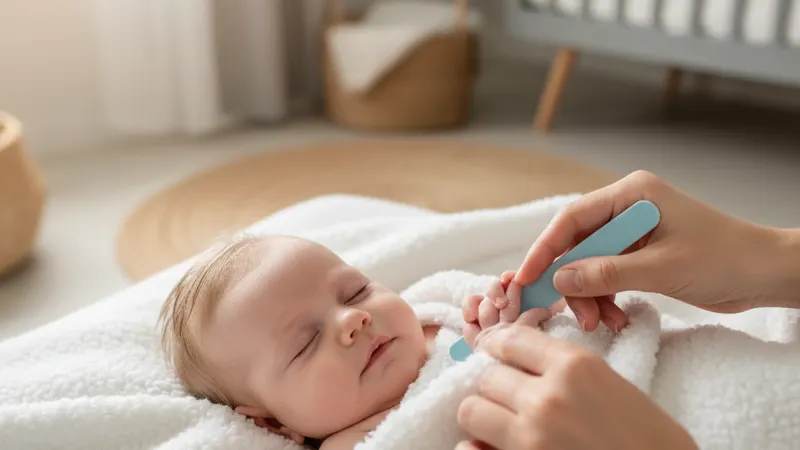 Forelder som forsiktig klipper babyens fingernegler med babysaks