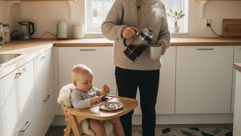 Kopp med kaffe og ammende mor i bakgrunnen
