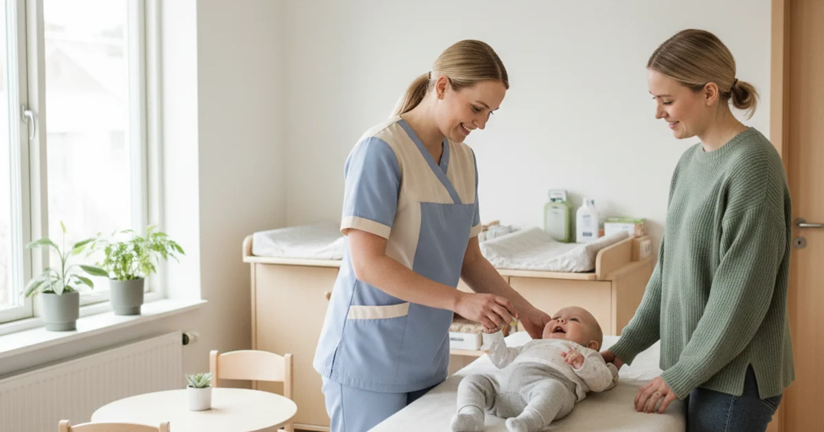Helsesykepleier som undersøker en baby på helsestasjonen