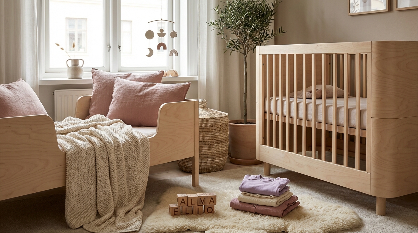 Trebokstaver på et lyst skandinavisk bord med babyklær