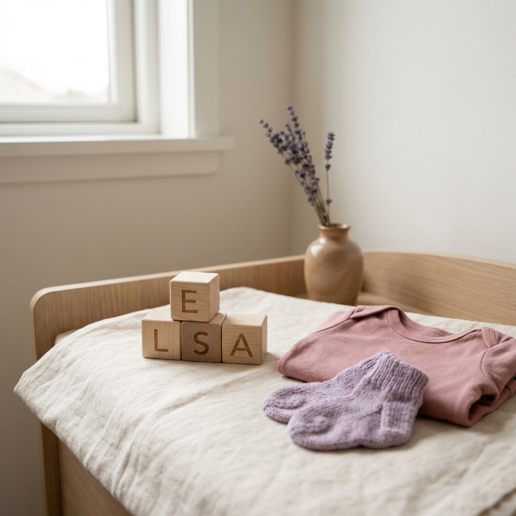 Trebokstaver og babyklær på et lyst skandinavisk bord