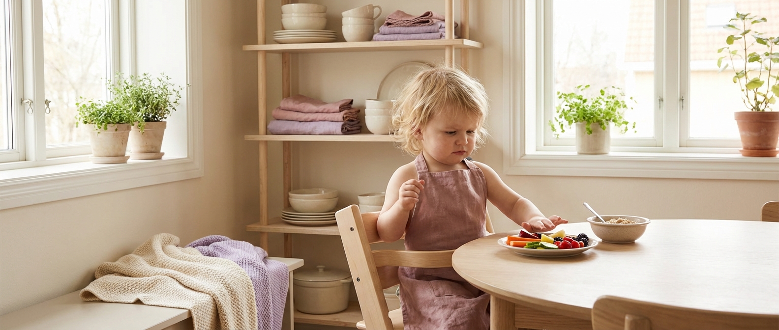 Småbarn ved spisebord med fargerik mat i skandinavisk kjøkken