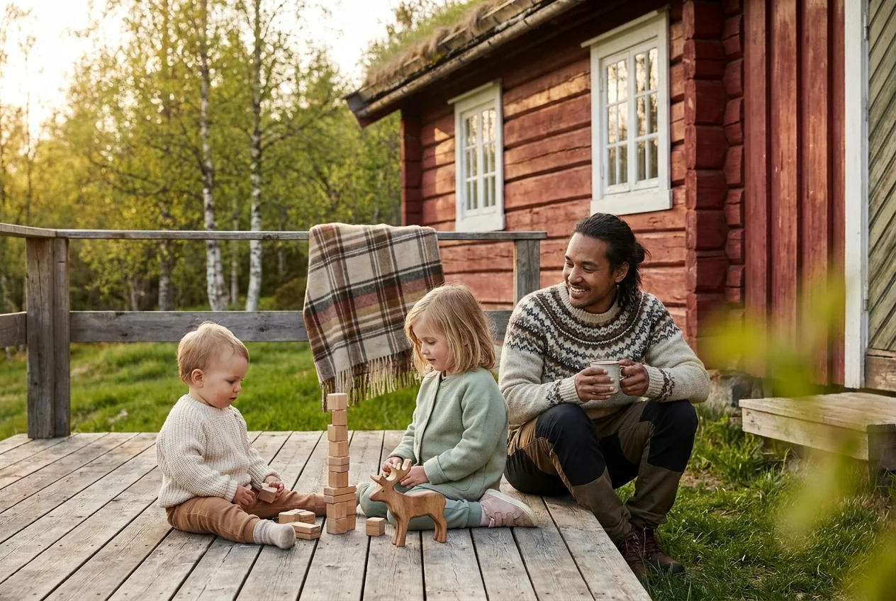 Familie som koser seg på trapp utenfor en norsk hytte