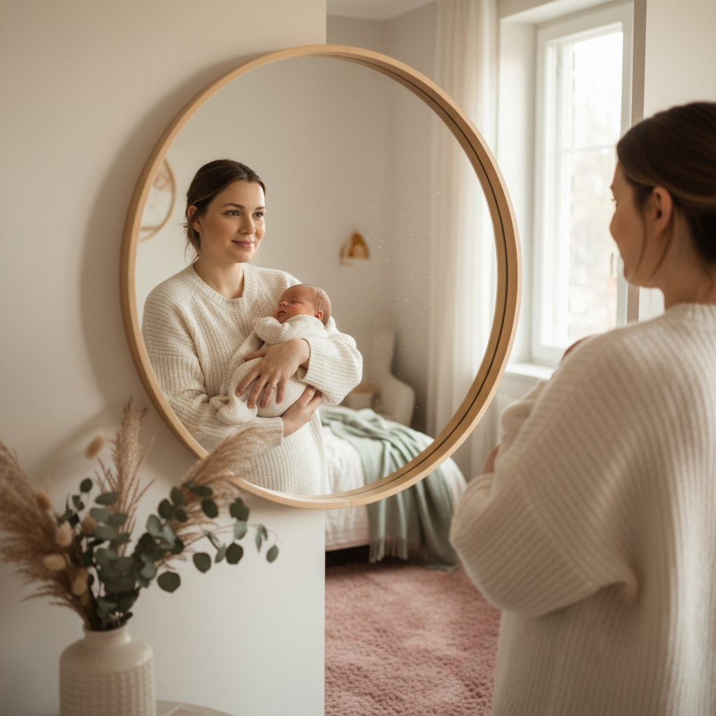 Nybakt mamma som nyter en rolig stund med babyen sin