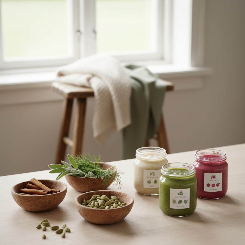 Milde krydder og friske urter i små skåler på et lyst skandinavisk kjøkkenbord med babymat