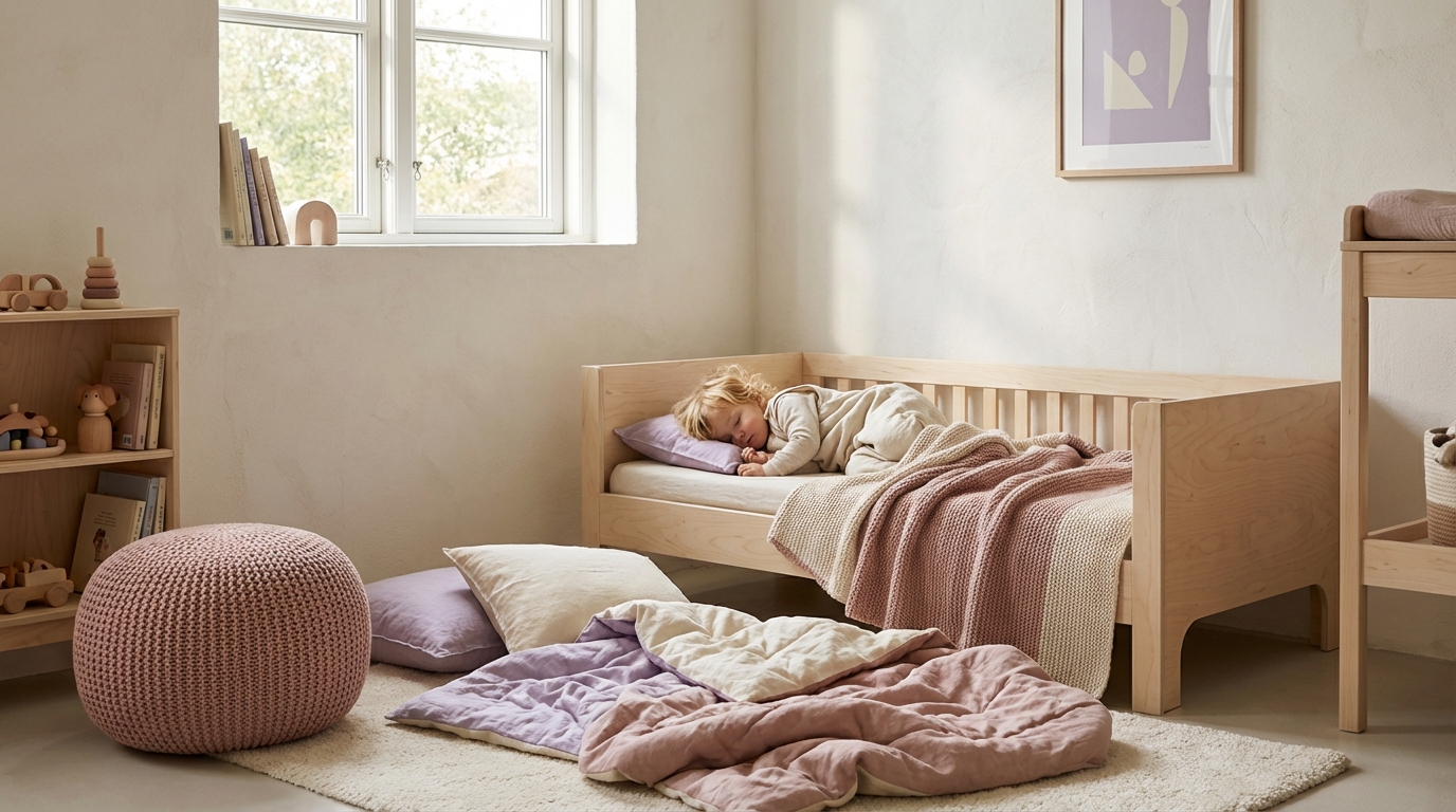 Småbarn sovner fredelig i seng med dempet belysning i skandinavisk barnerom