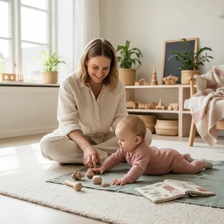 Forelder og barn i et rolig hjemmemiljø - illustrasjon for Lek og læring for baby 0-6 måneder