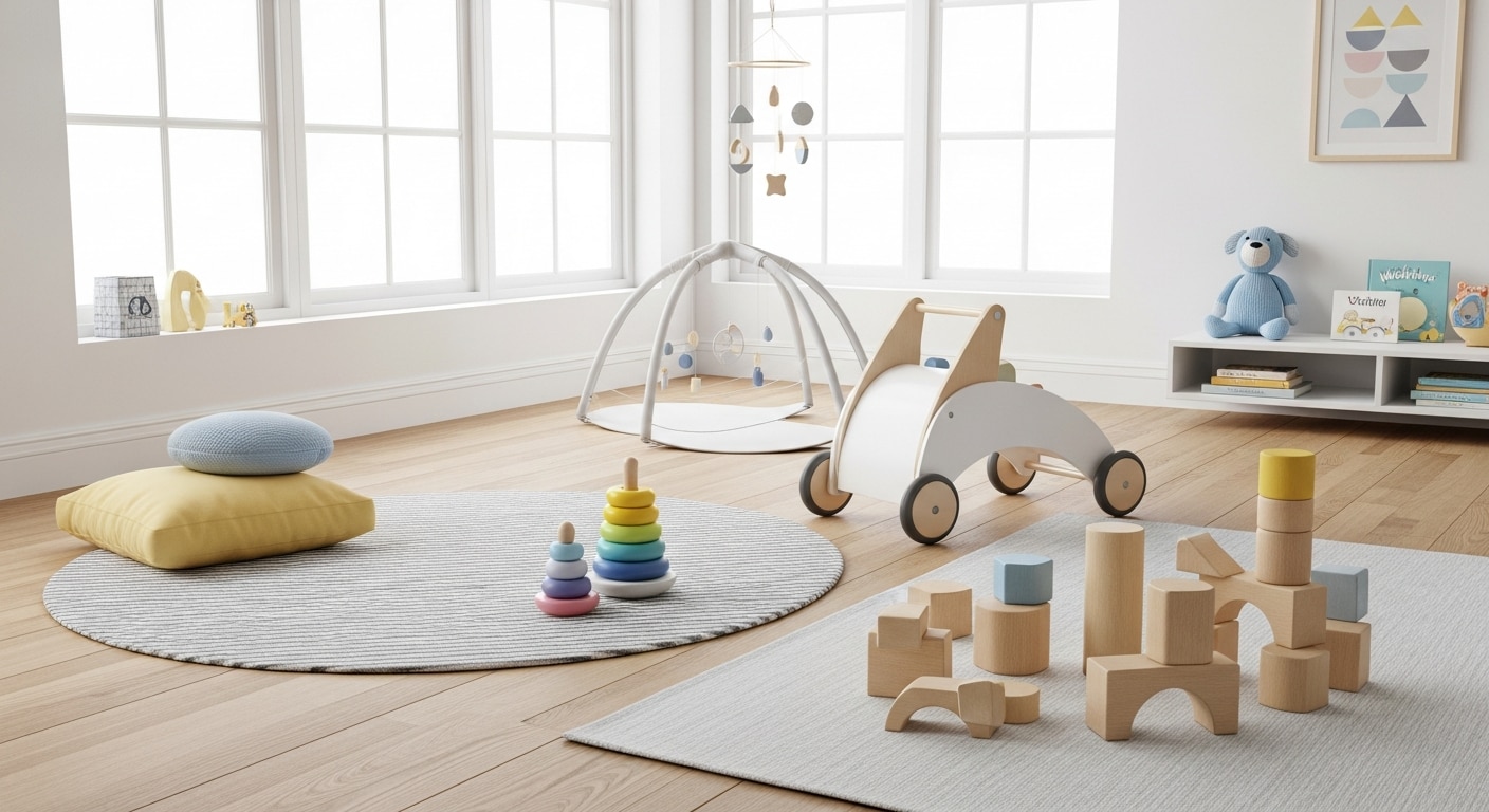 Skandinavisk lekerom med stableleker, treklosser og gåvogn