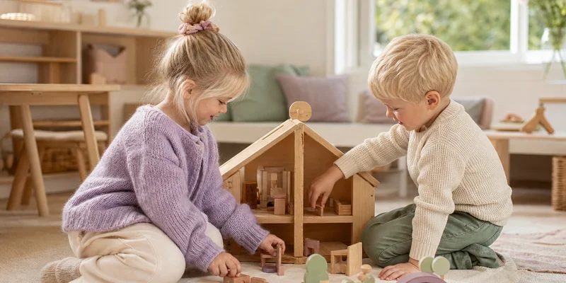 Norske barn leker sammen med treleker i lyst barnehagerom