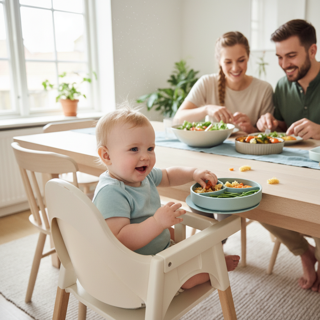 Baby på 10 måneder som spiser familiens middag i tilpassede biter ved et skandinavisk spisebord
