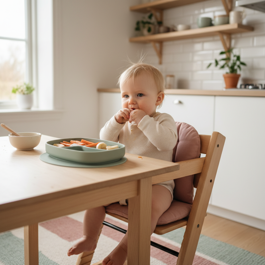 Baby på 8 måneder som spiser fingermat med små myke biter på et lyst skandinavisk kjøkkenbord