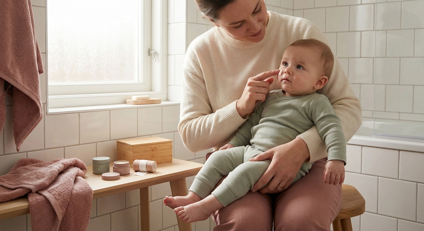 Norsk forelder som forsiktig introduserer forskjellige matvarer til baby i høystol, med egg, brød og frukt på bordet foran barnet