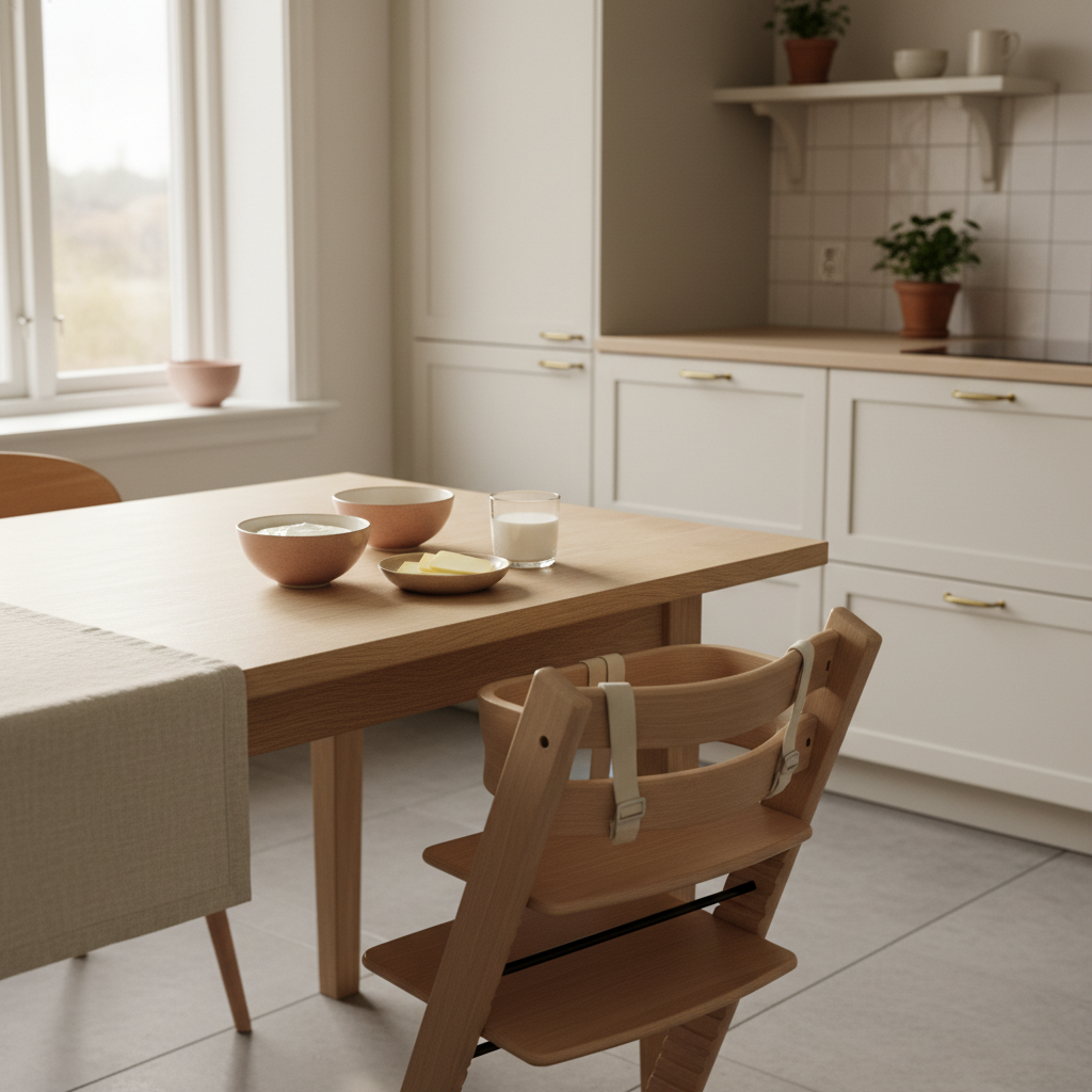 Yoghurt, ost og melk i et lyst skandinavisk kjøkken med baby som spiser