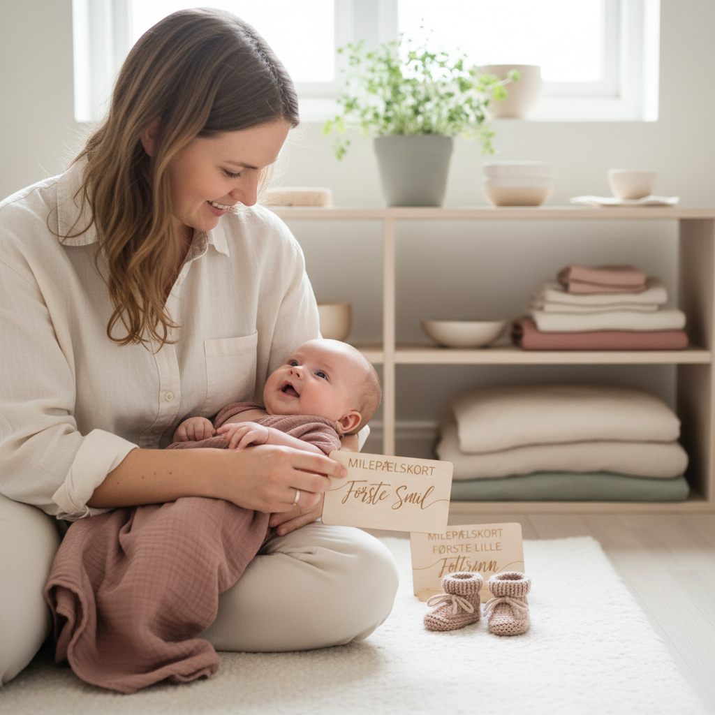 Omsorgsfull forelder som støtter barn - Milepælskort for baby