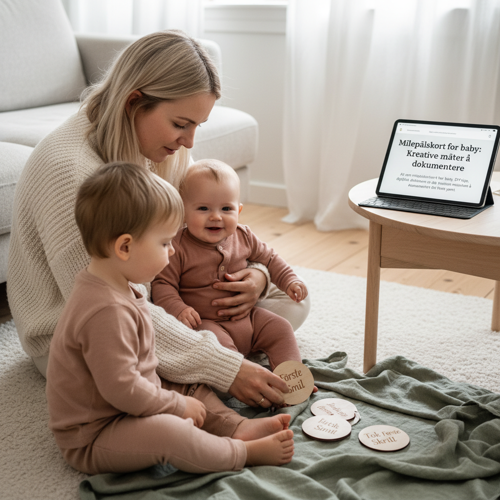 Baby med milepælskort på et mykt teppe