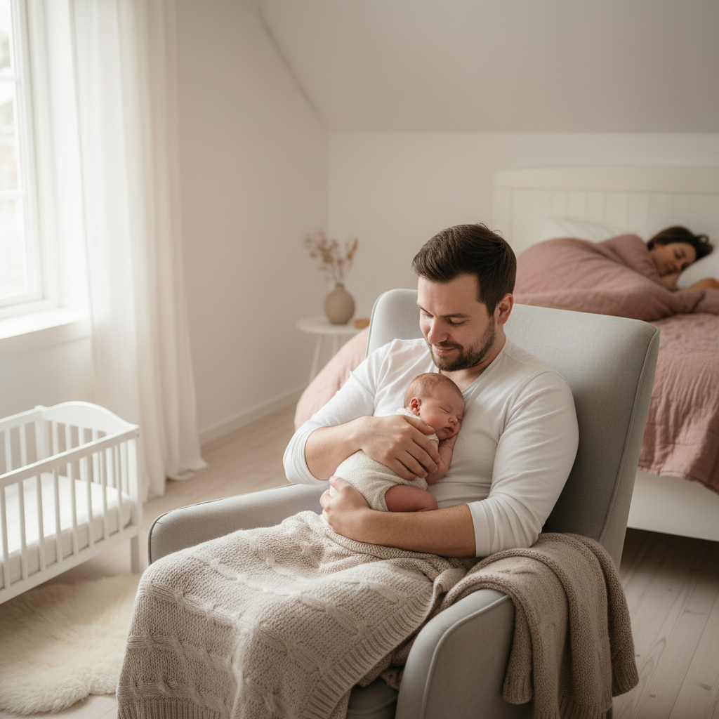 Partner som holder baby mens mor sover fredelig i sengen en vintermorgen