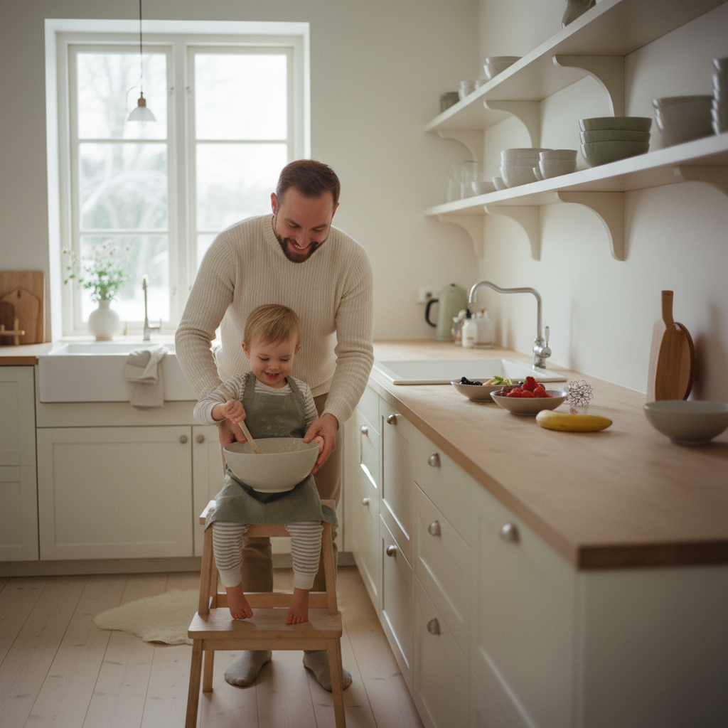 Far og småbarn lager frokost sammen på kjøkkenet en vintermorgen