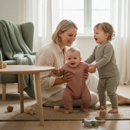 Omsorgsfull forelder som støtter barn - Når begynner baby å krabbe, gå og snakke?