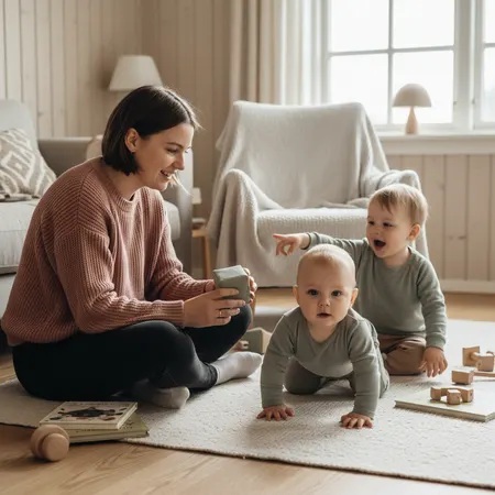 Forelder og barn i et rolig hjemmemiljø - illustrasjon for Når begynner baby å krabbe, gå og snakke?