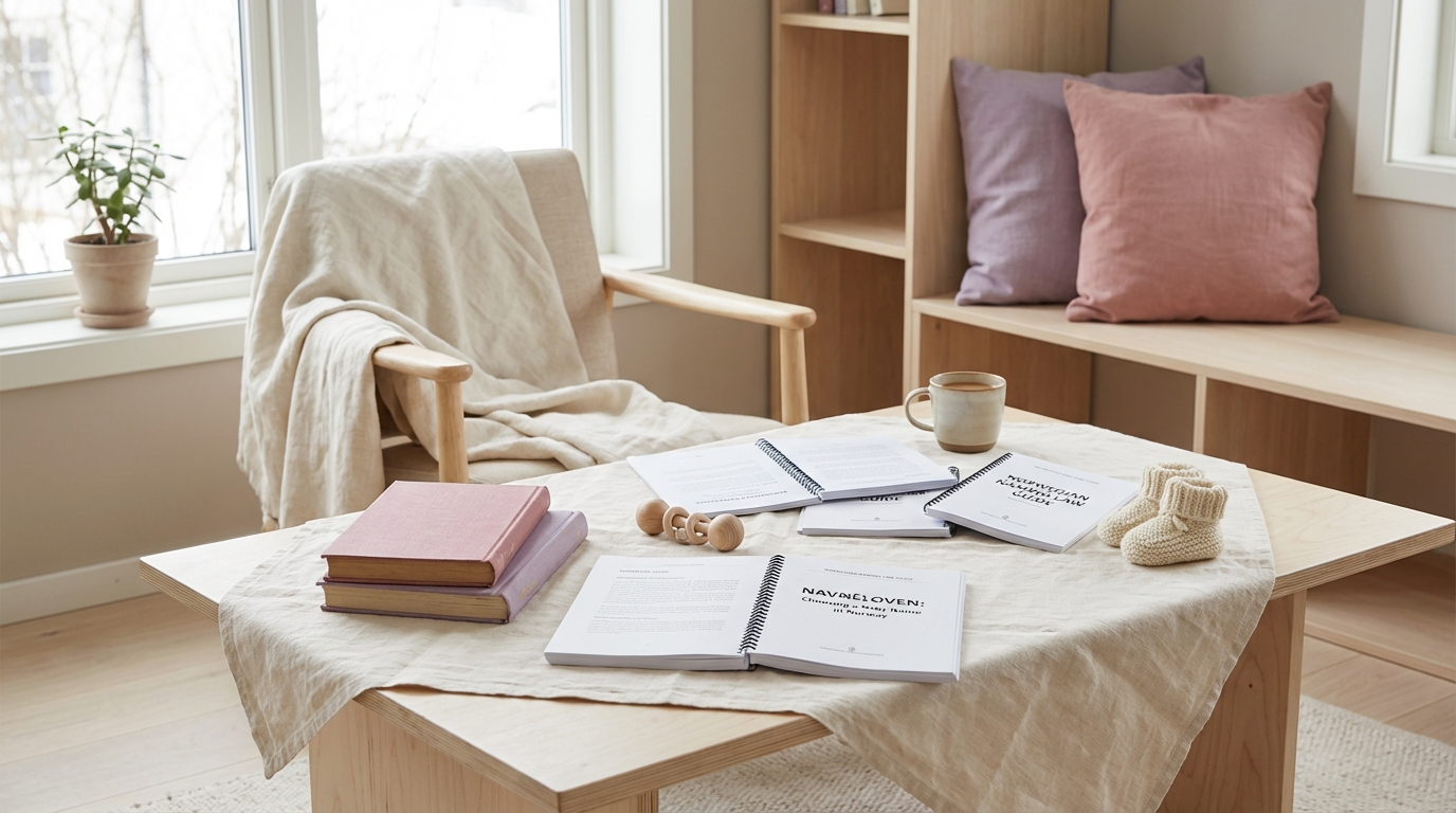 Navnebok og penn på et lyst skandinavisk bord med babyklær i bakgrunnen