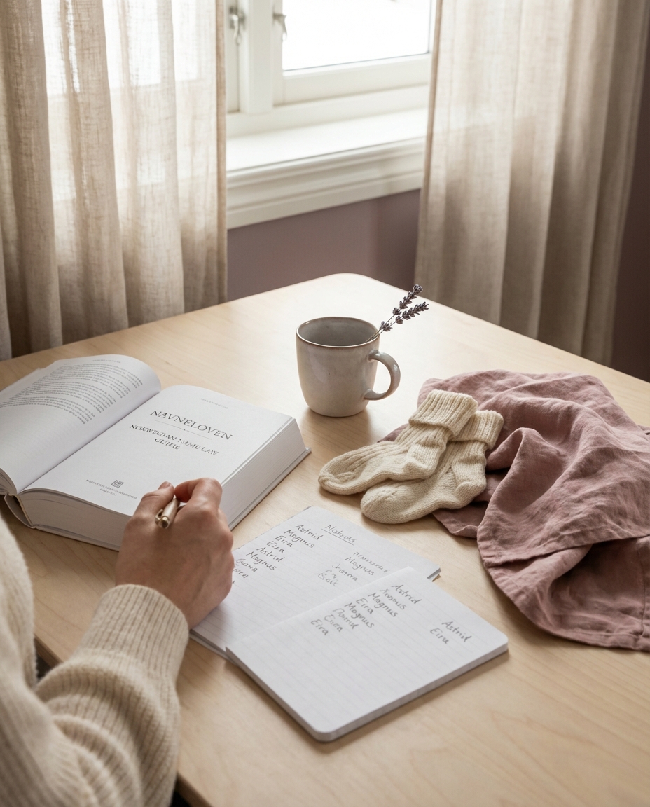 Navnebok med babyklær og leker på et lyst skandinavisk bord