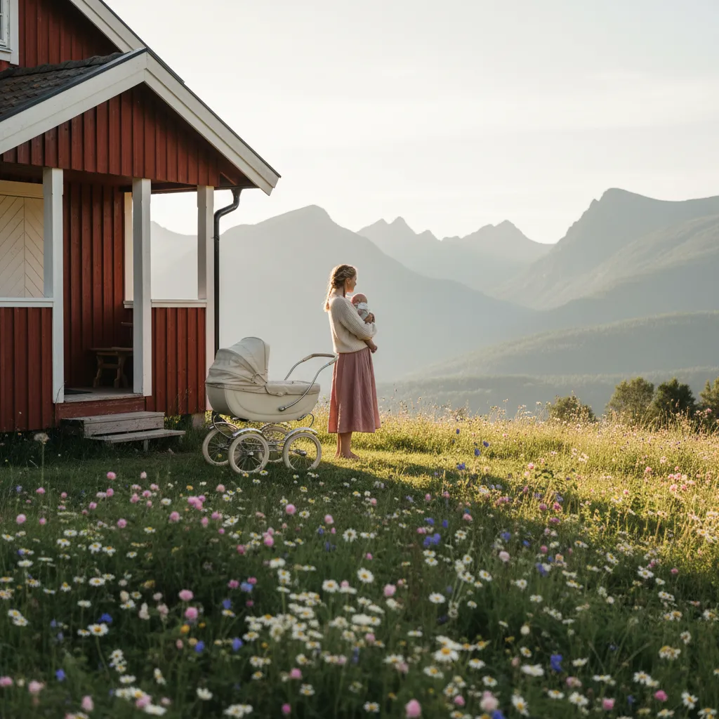 Forelder og barn i et rolig hjemmemiljø - illustrasjon for Norgesferie med baby