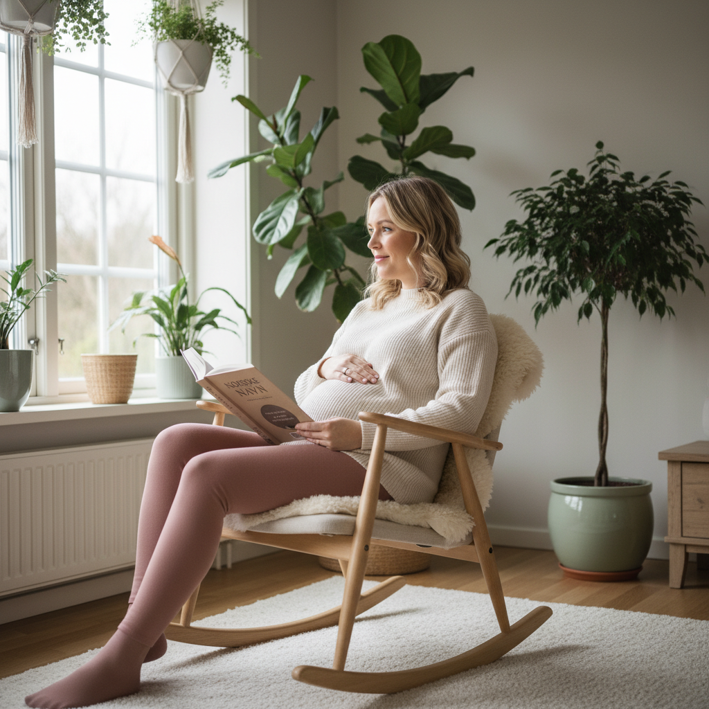 Gravid kvinne med bok om norske navn i en gyngestol
