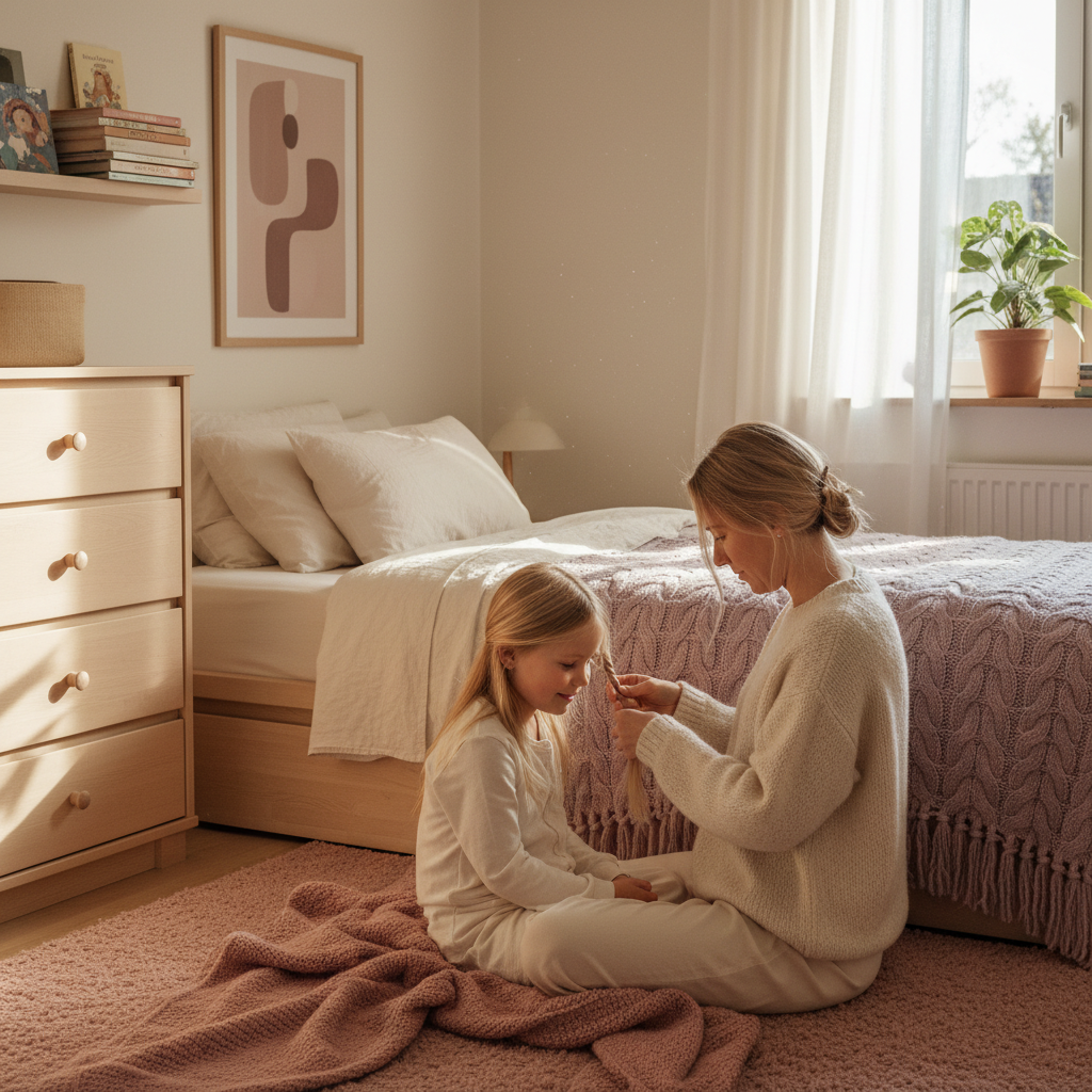 Mor som fletter håret til datteren i et koselig nordisk soverom
