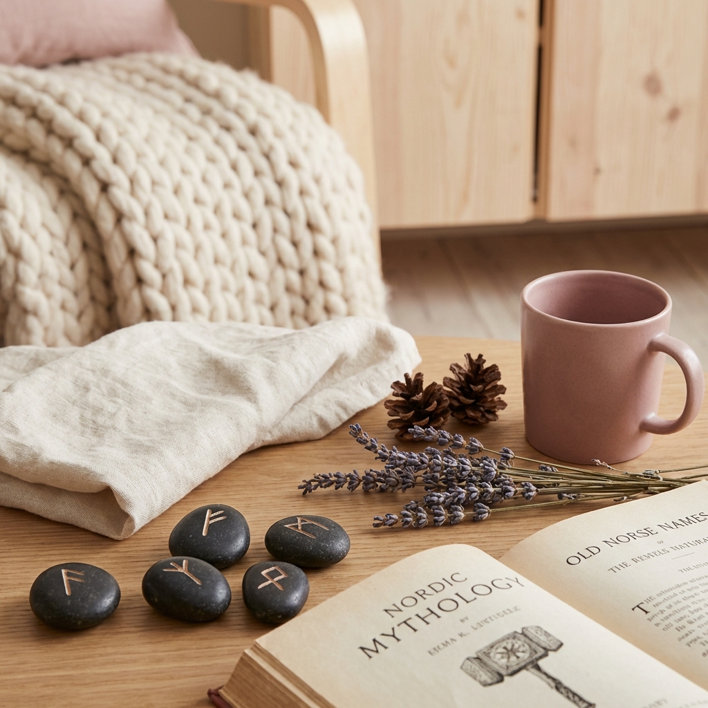 Norrøne runer og naturinspirerte elementer i et skandinavisk interiør