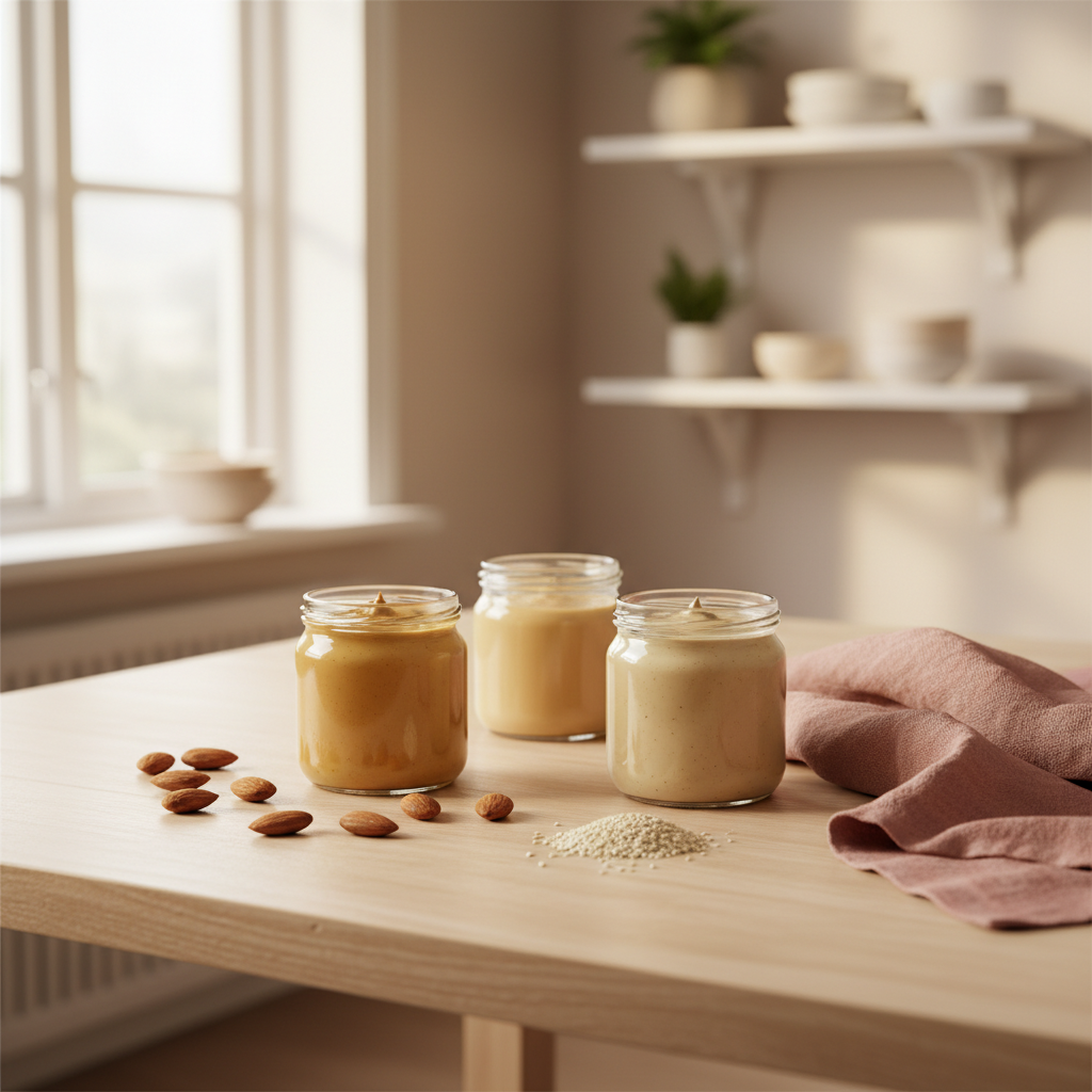 Nøttesmør og frøpålegg tilpasset baby servert i små skåler på et lyst skandinavisk kjøkkenbord