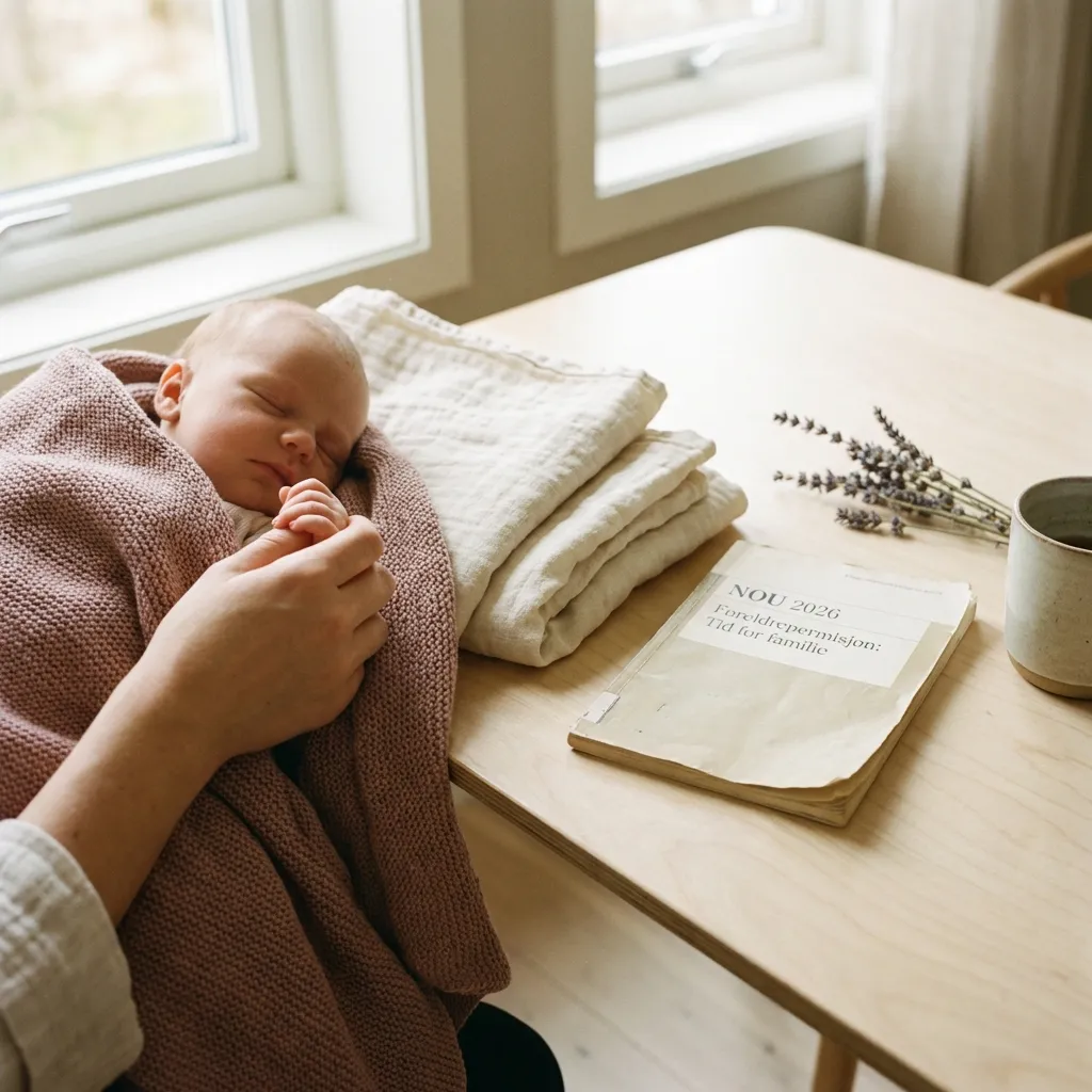 Norsk par med baby som planlegger permisjon ved kjøkkenbordet