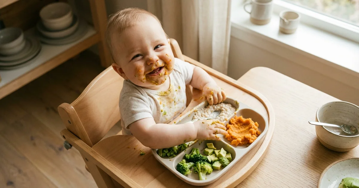 Baby som spiser grøt med fargerike grønnsaker på tallerkenen