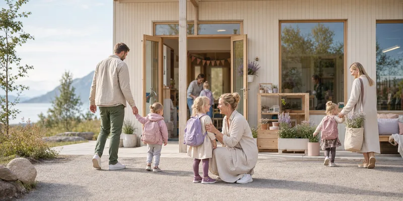 Foreldre som leverer barna utenfor en norsk barnehage en lys morgen