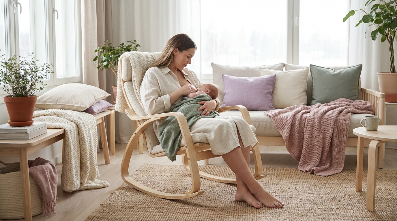 Mor som ammer baby i en lys, rolig nordisk stue med naturlig lys