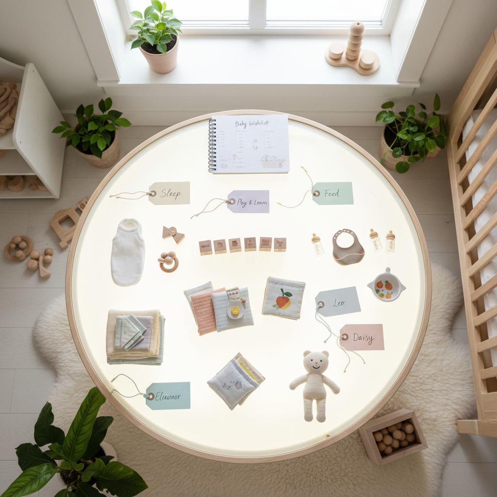 Søt ønskeliste med babyprodukter pent organisert på et bord