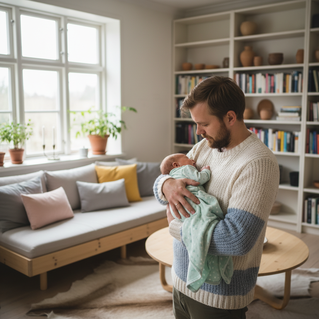 Far som holder nyfødt baby i armene i et lyst nordisk hjem