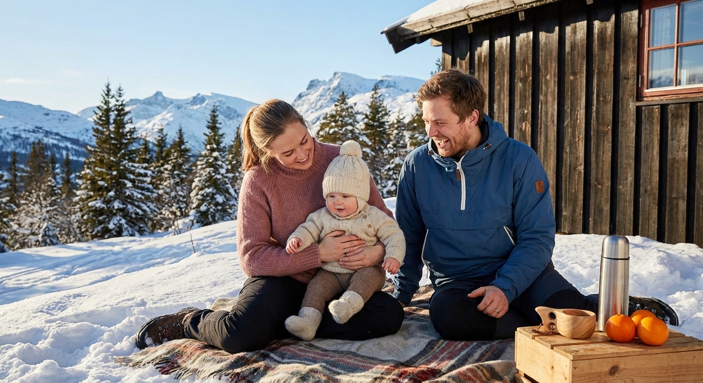 Norsk familie med baby på påskeferie i snøkledd fjelllandskap med sol og blå himmel