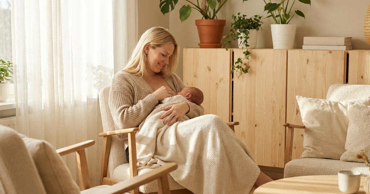Mor som ammer baby i en trygg og lys stue